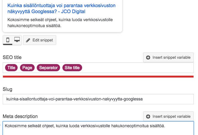 SEO Yoast työkalu